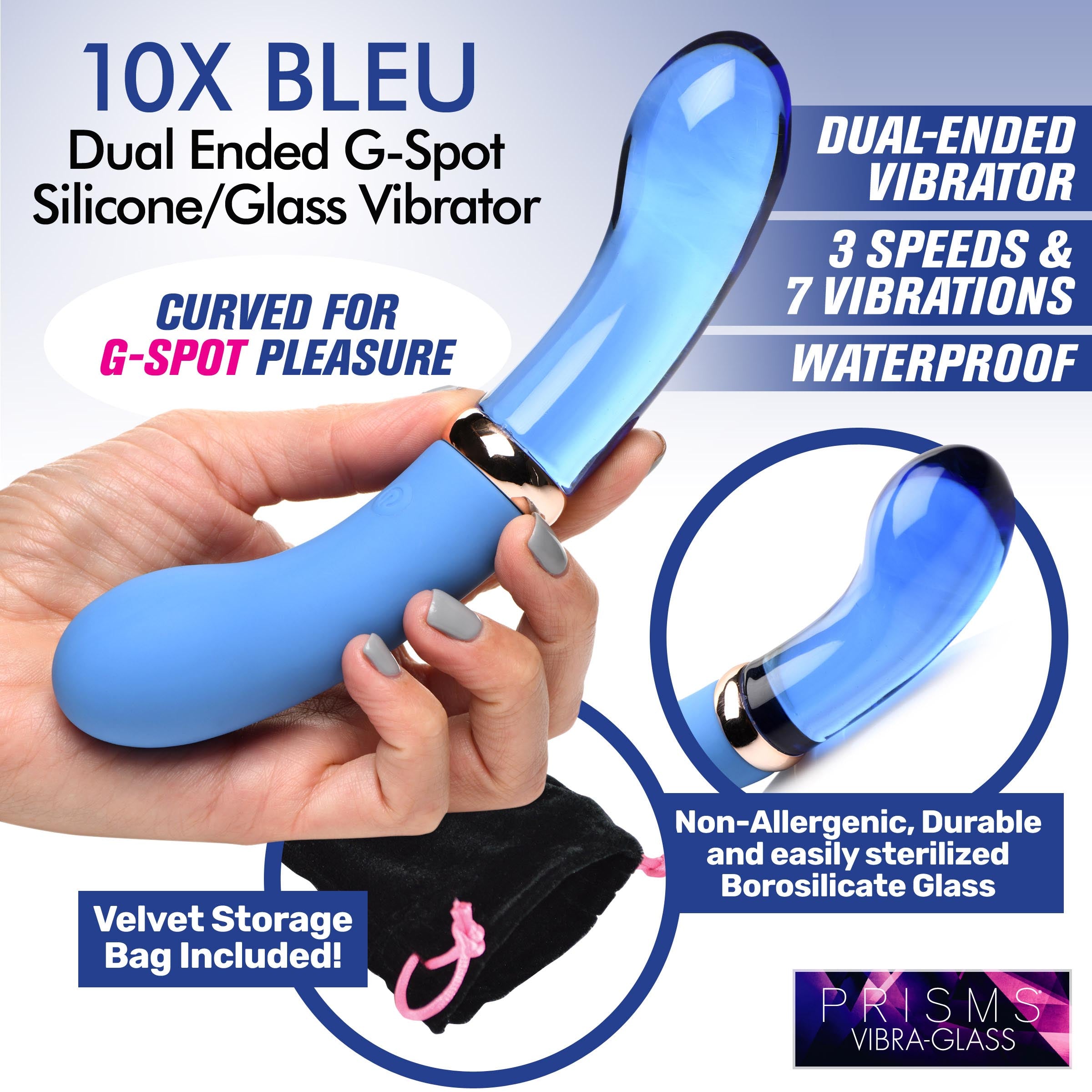 10X Bleu Dual Ended P-Spot Silicone and Glass Vibrator