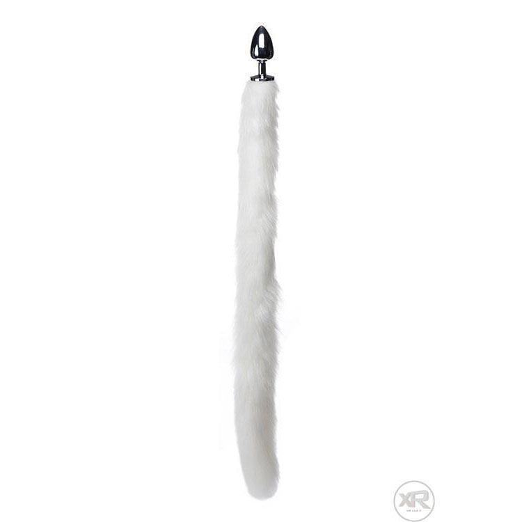 White Extra Long Mink Tail with Metal Anal Plug