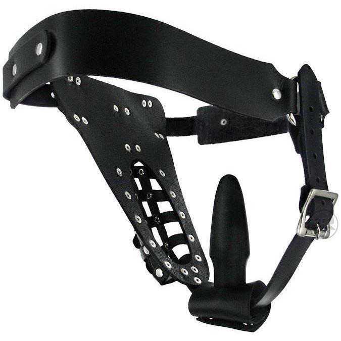 Leather Male Chastity Belt with Anal Plug Harness