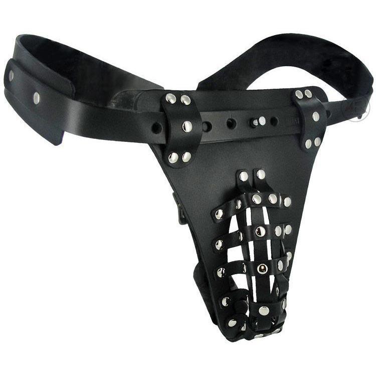 Leather Male Chastity Belt with Anal Plug Harness